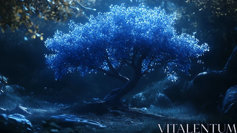 Moonlit sapphire tree whispering secrets to the forest floor.