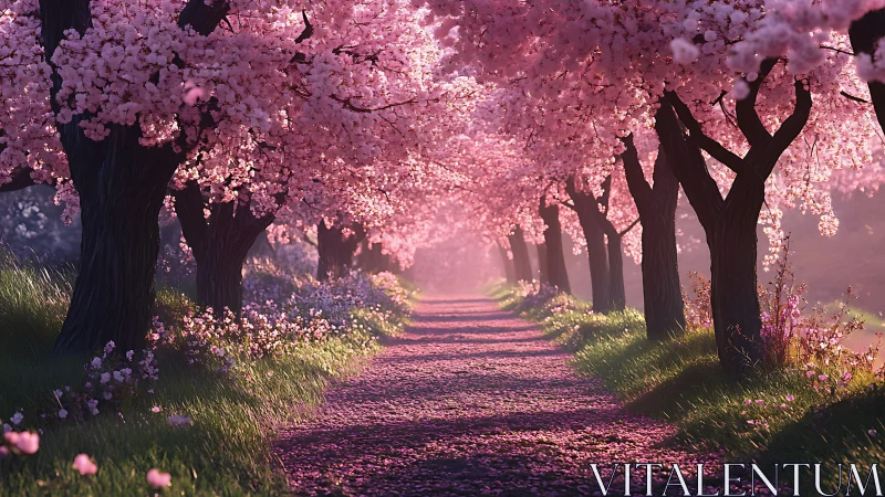 Blossom-lined dream path under glowing pink cherry arches.