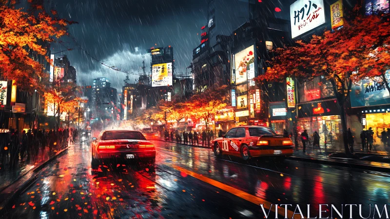 Neon city streets glowing through autumn rain at night.