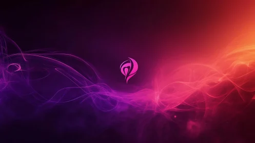 Abstract digital art with swirling purple and orange waves and symbol.