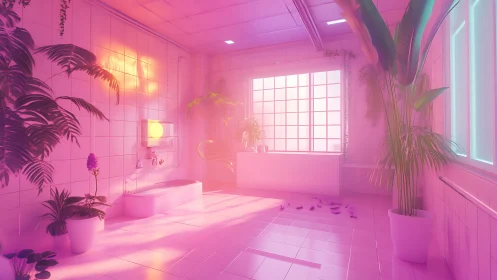 Neon sunrise slips into a tropical dreamscape bathroom