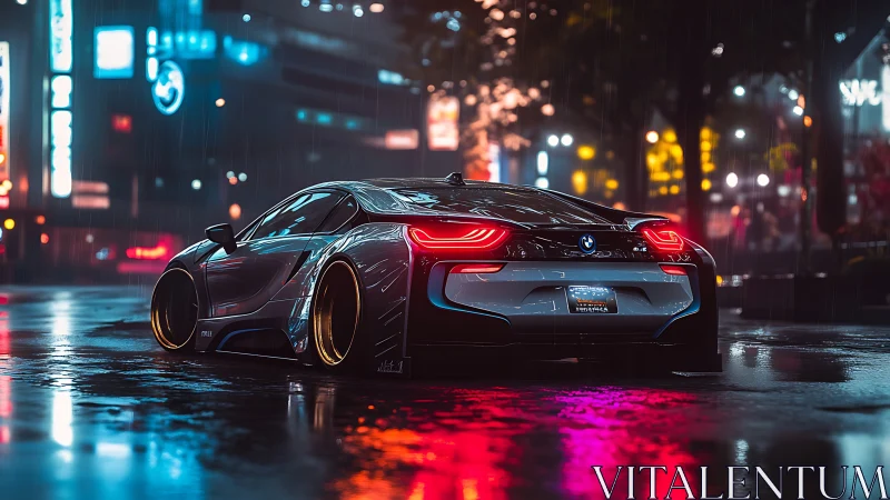 Futuristic BMW coupe under neon city rain reflections.
