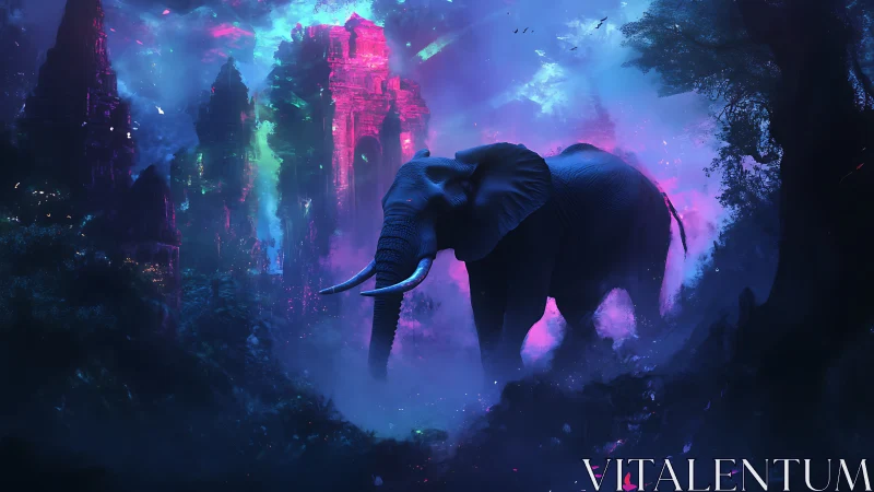 Elephant walks through neon jungle ruins at night.