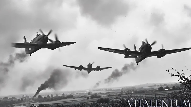 Storm-grey warbirds slicing smoke over quiet farmlands.
