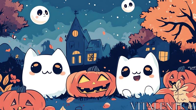 Halloween Scene with Cute Cats and Jack-o-Lanterns.