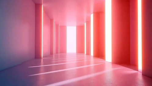 Pink neon hallway with vertical light panels and columns.
