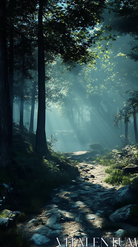Misty Forest Stream with Dappled Sunlight Through Ancient Trees
