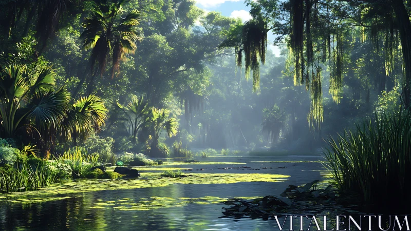 Lush jungle river invites quiet moments of sunlight and mist