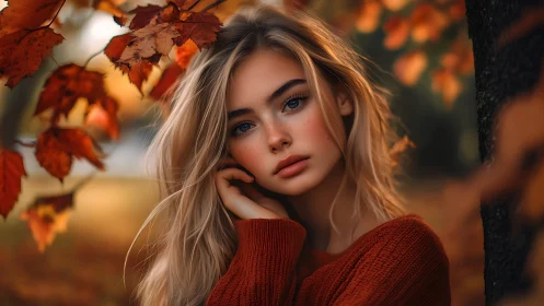Autumn portrait of blonde woman in warm tonal close-up study.