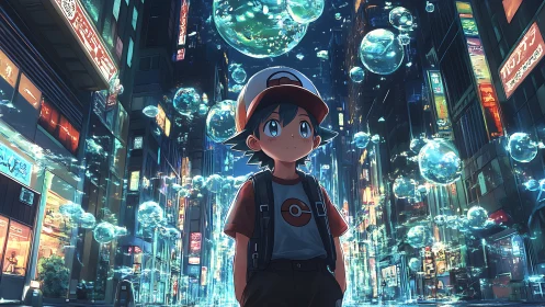 Young trainer in neon city street with floating water orbs.