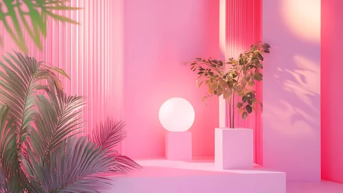Pink studio plants frame glowing orb on geometric plinths.