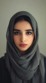 Soft-lit portrait of woman in flowing gray hijab.