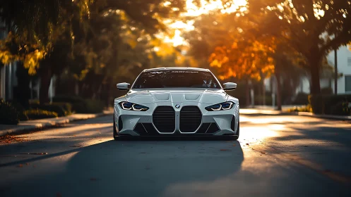 Low white sports sedan parked on sunlit tree-lined street