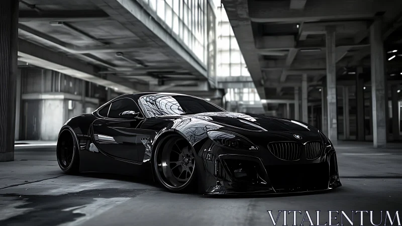 Midnight black sports car waits in a stark urban garage