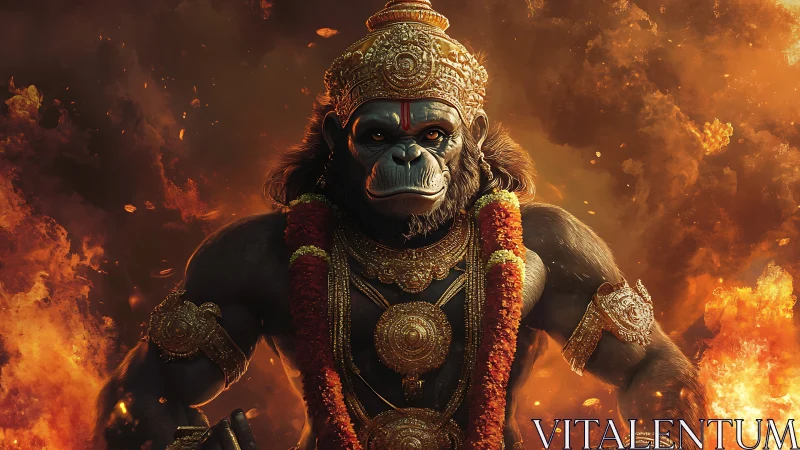 Digital painting of divine simian warrior with flaming backdrop.