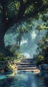 Sunlit forest stone steps rise gently above a crystal pool