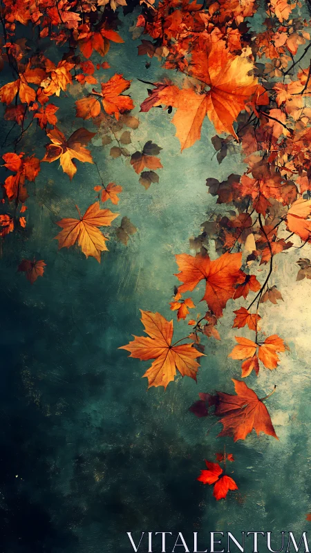 Autumn maple leaves drift across teal textured sky
