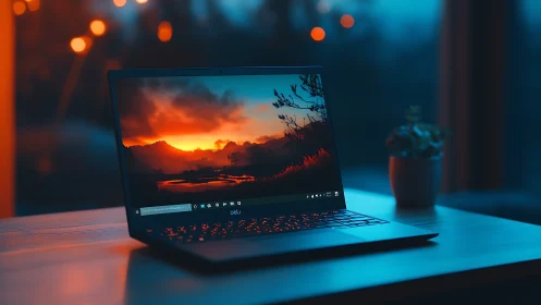 Sleek laptop on desk with vivid sunset screen glow.