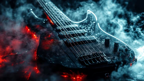 Electric guitar on smoky stage with red blue lighting.