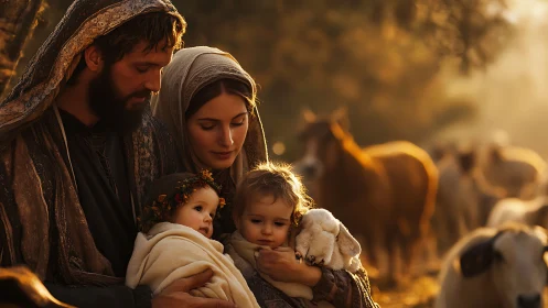 Holy family cradles children and lamb amid warm pastoral light