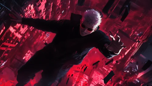 White haired figure dives through neon red cyber city shards