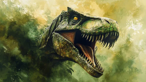 Roaring tyrannosaurus head bursts from swirling green mist