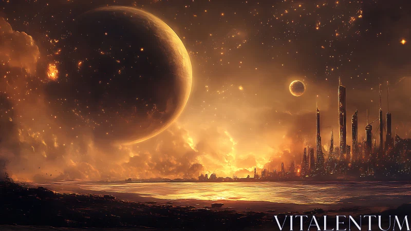 Golden horizon welcomes a distant world above a glowing city