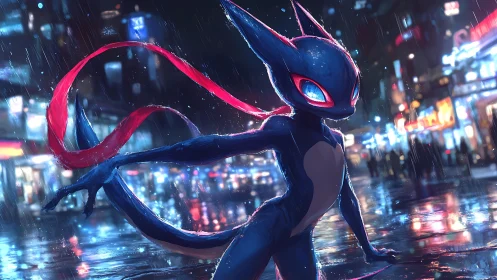 Neon-eyed alley sentinel slices rain with liquid grace