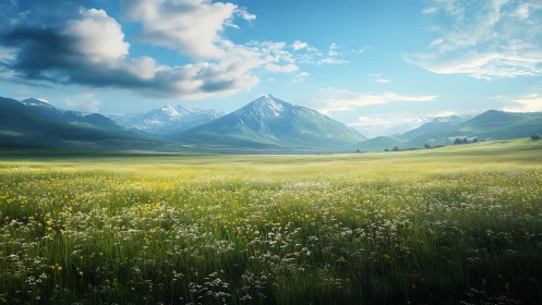 Wide mountain valley with wildflower meadow under blue sky.