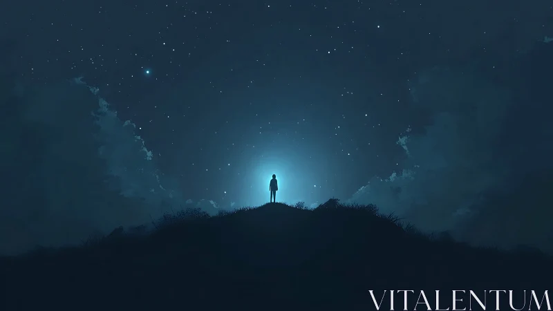 Silhouetted figure on hillcrest under star-dense nocturnal sky