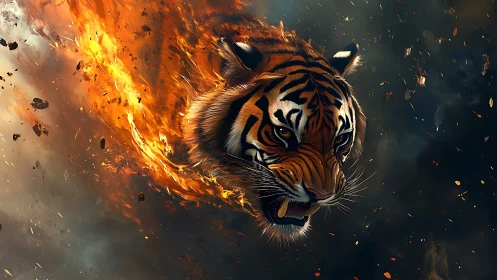 Tiger head emerges through swirling flames and flying embers