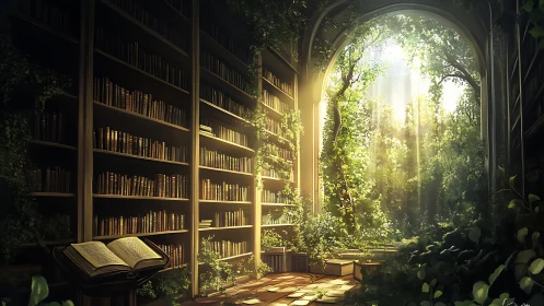 Sunlit arcadian library merges architecture and overgrown forest