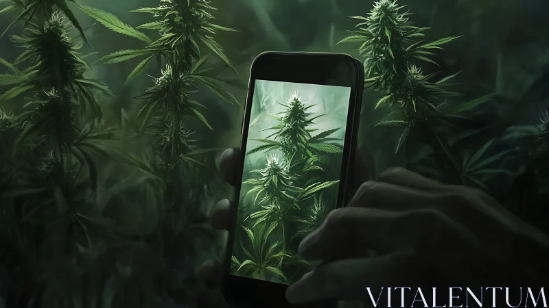 Cannabis plant glows in smartphone closeup, dark forest