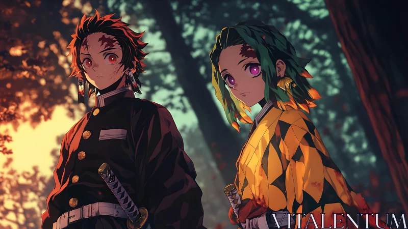 Twin blade bearers at emberlit forest edge, quietly unyielding.