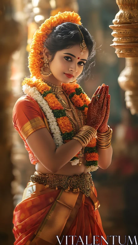 Woman in traditional South Indian attire with garlands posed.