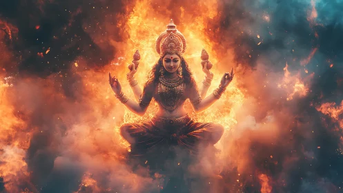Fiery goddess figure meditates in swirling cosmic flames