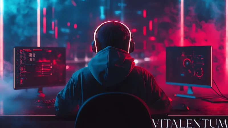 Gamer at dual monitors in neon red and blue setup.