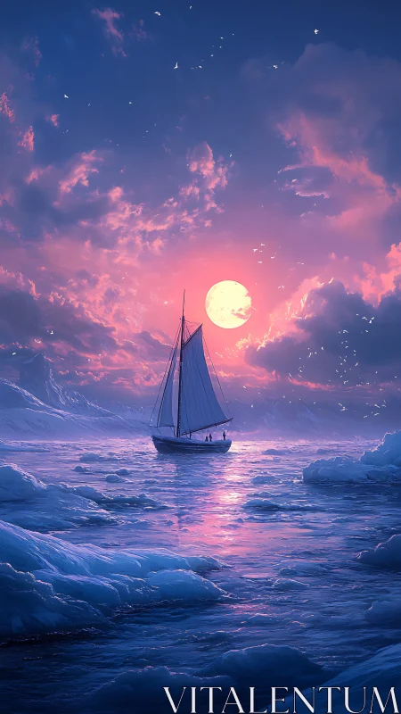 Sailboat crosses polar sea under luminous pink twilight moon