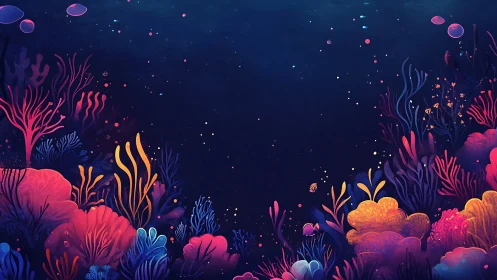 Luminous coral reef garden in deep sapphire ocean.