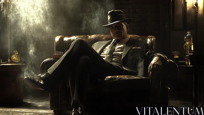 Vintage mob boss relaxes in smoky leather armchair.