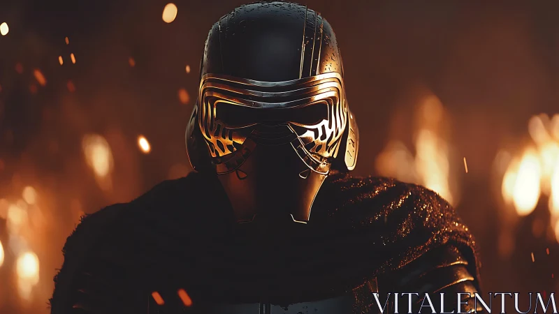 Masked warrior stands amid burning embers and darkness.