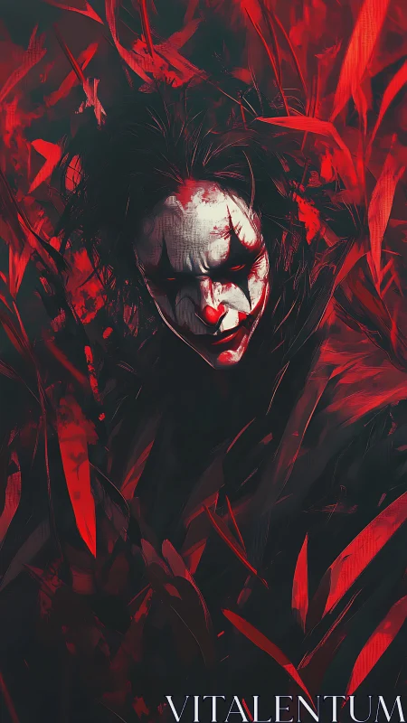 Sinister clown portrait in crimson abstract foliage storm.