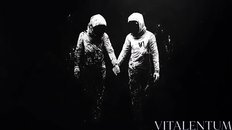 Silhouetted hooded figures in monochrome negative space art.