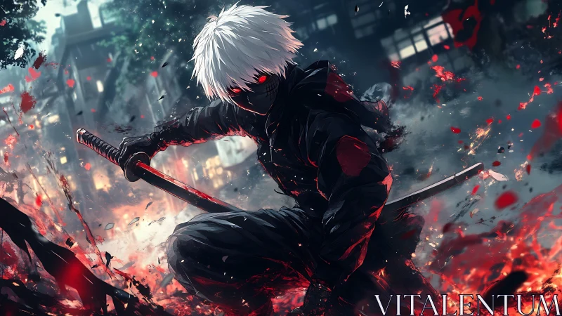 White-haired masked swordsman attacks amid burning urban chaos