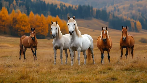 Five autumn horses hold quiet council in a golden valley