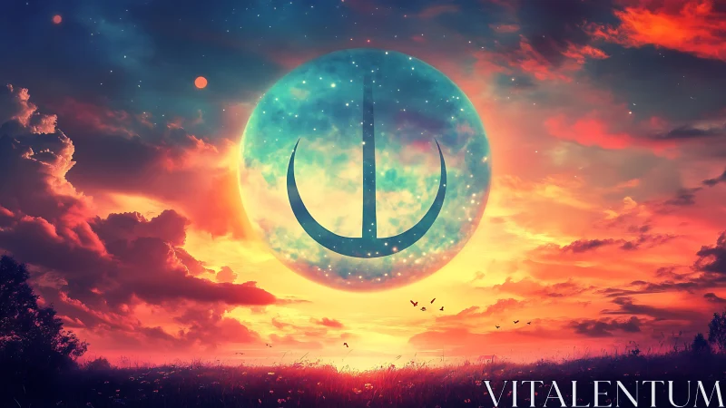 Cosmic emblem rising within glowing fantasy sunset sky.