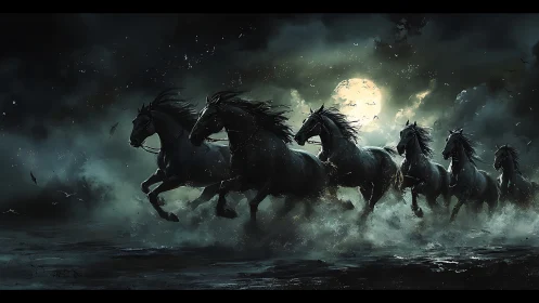 Midnight storm horses charge through moonlit fog bank.