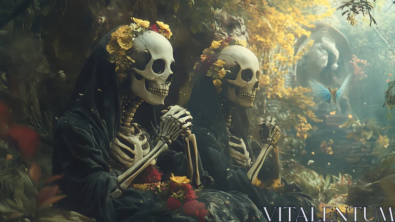 Gentle skeleton companions resting in a golden autumn garden.