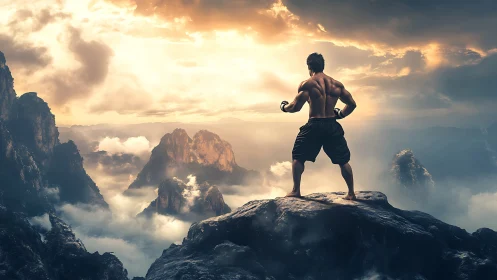 Muscular man overlooking misty mountain sunrise panorama.
