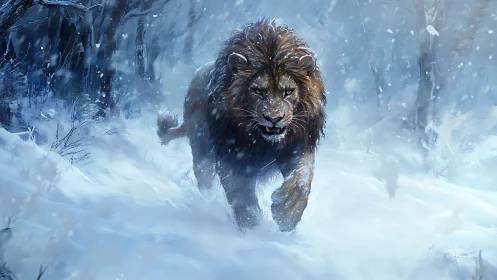 Snow-dusted lion strides through blizzard-lit winter forest